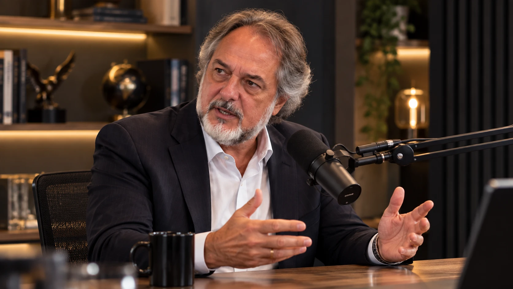 Guillermo Colombo conversando diante de um microfone de podcast